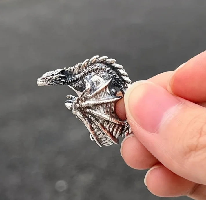 Retro Silver Color Winged Dragon Ring Symbolizes Power, Domineering and Adjustable Opening Ring, Jewelry Accessory Gift