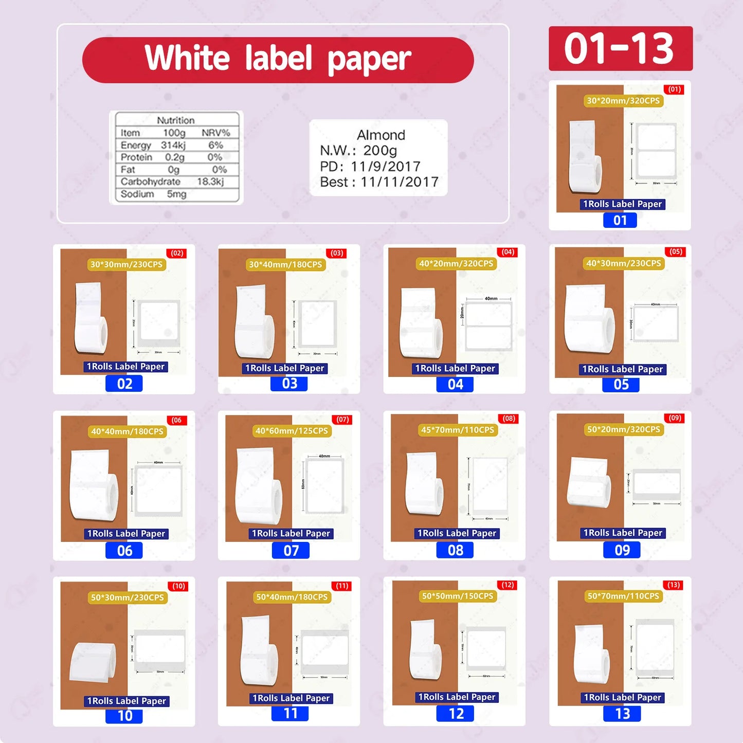 5 Rolls 30-50mm Thermal label Paper Rolls White Color Waterproof for Niimbot B1 B21 B203 B3S Label Printer Barcode Name Printing