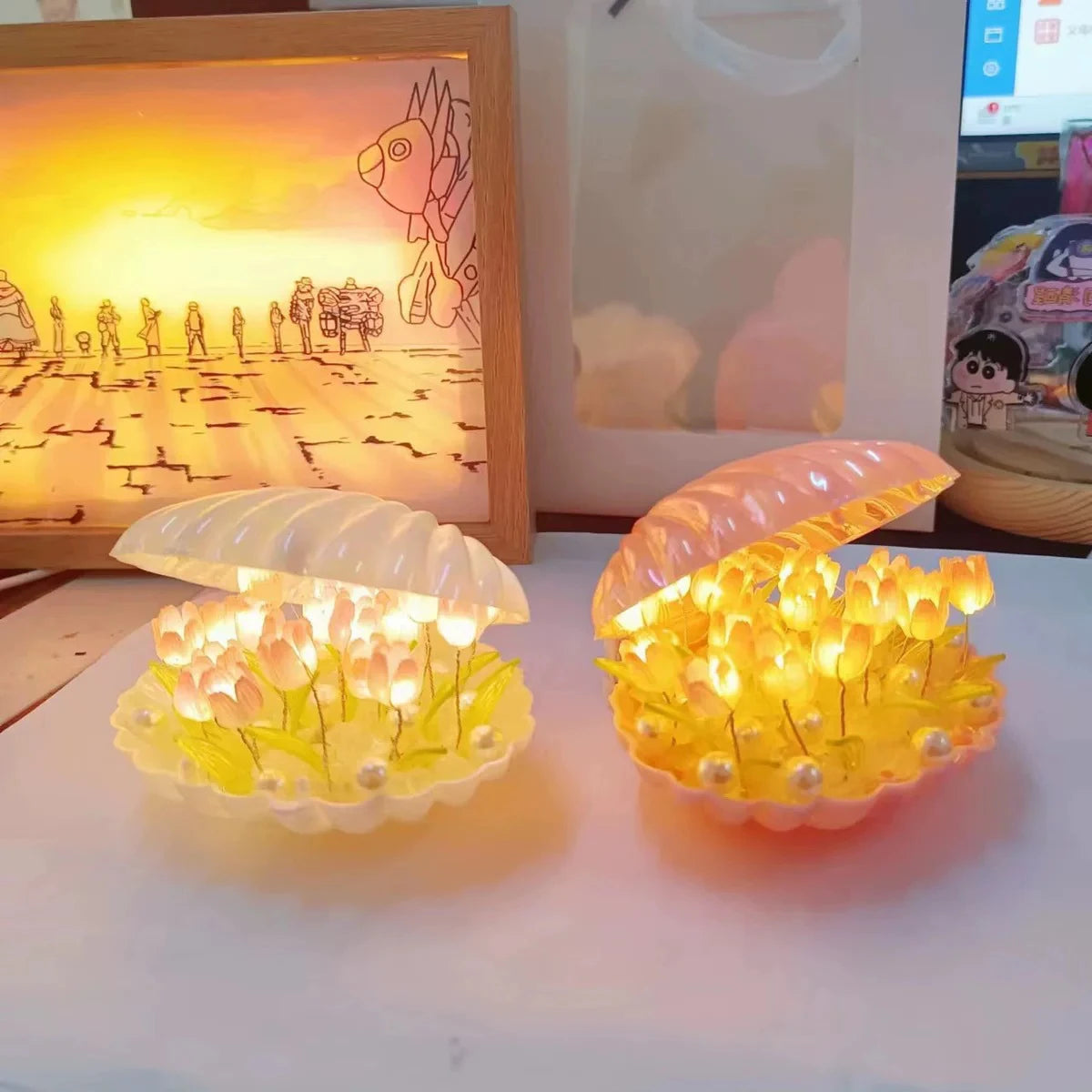 Diy Tulip Night Lamp Handmade Flower Lamp Birthday Lights Creative Home Pink/White Seashell Led Lamps Christmas Nightlight Light