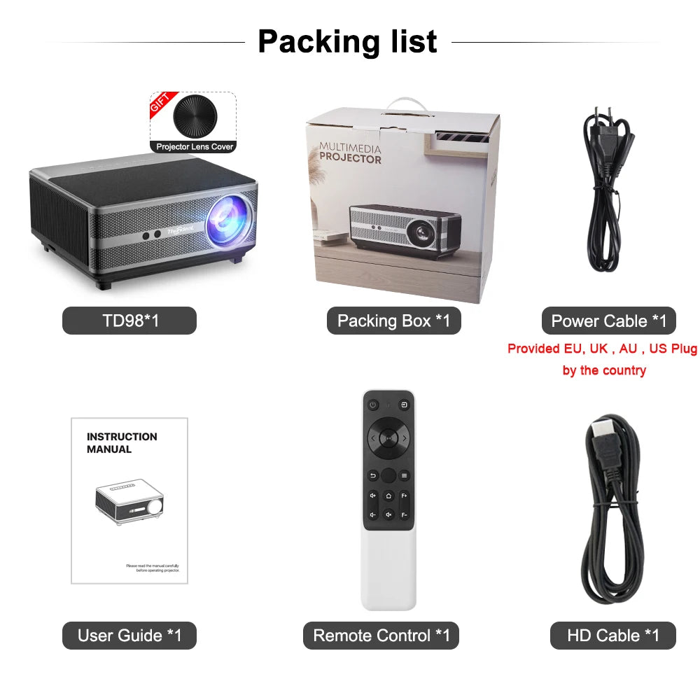 Proyector 1080P WiFi Proyector LED Full HD 2K 4K TV Video Película Teléfono inteligente Cine en casa TD98 Beamer Cine Pantalla grande