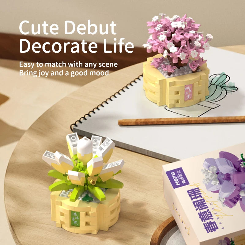 Potted Flower Basket Building Blocks Creative Bonsai Plant Bouquet Model Bricks Diy Home Decoration Kids Toy Girls Holiday Gifts