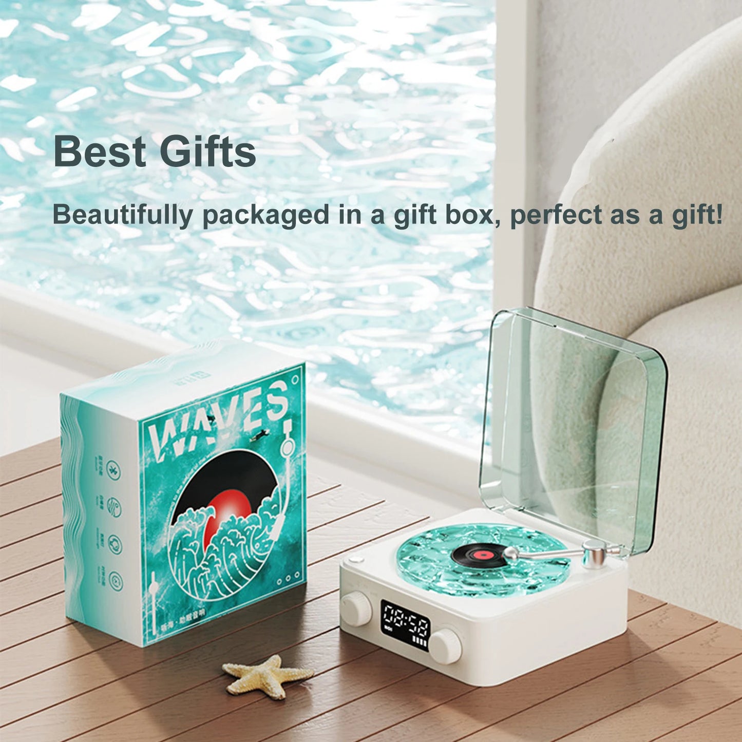 Vintage Vinyl Bluetooth Speaker Waves Vinyl Player White Noise Altavoz Bluetooth Retro Sleep Aid Turntable Speaker with Light