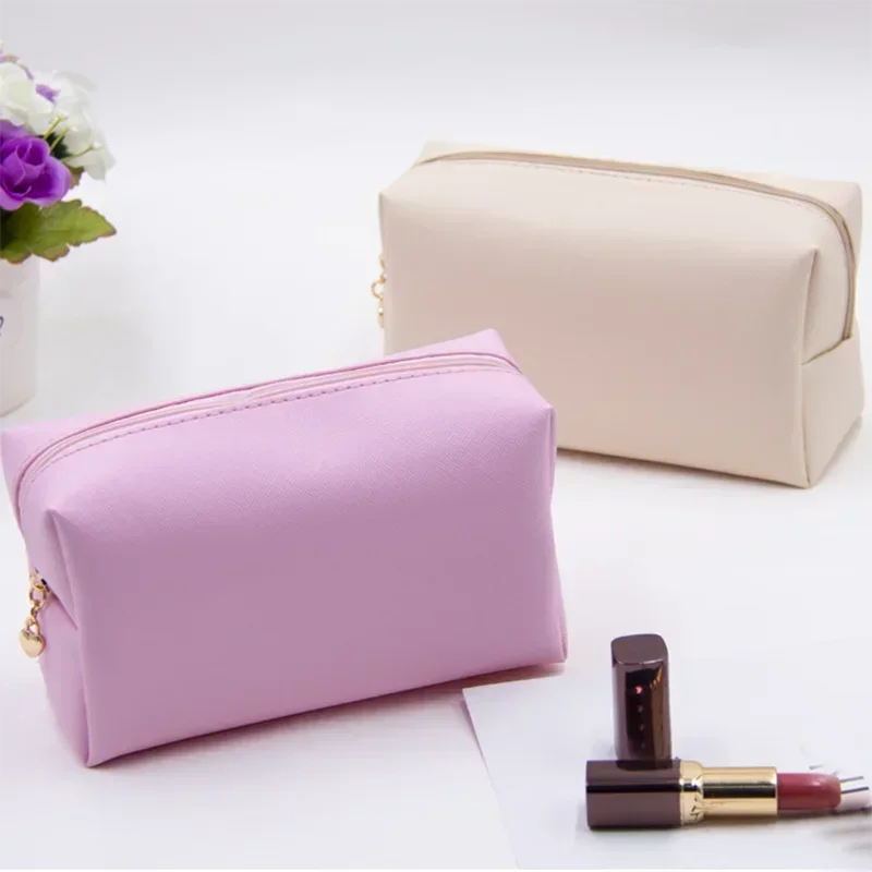 Women Cosmetic Bag Waterproof PU Leather Solid Color Makeup Pouch Travel Portable Wash Toiletry Storage Bag Organizer Purse 2025