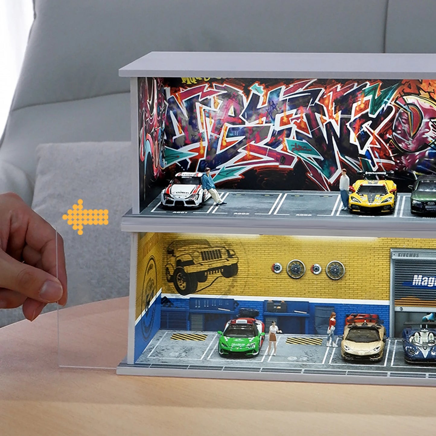 1: 64 Simulation Parking Modèle Miniature Scène pour Jouet Voiture Modèle PVC Assemblé Voiture Modèles avec Lumières Cadre D'affichage cadeau jouet