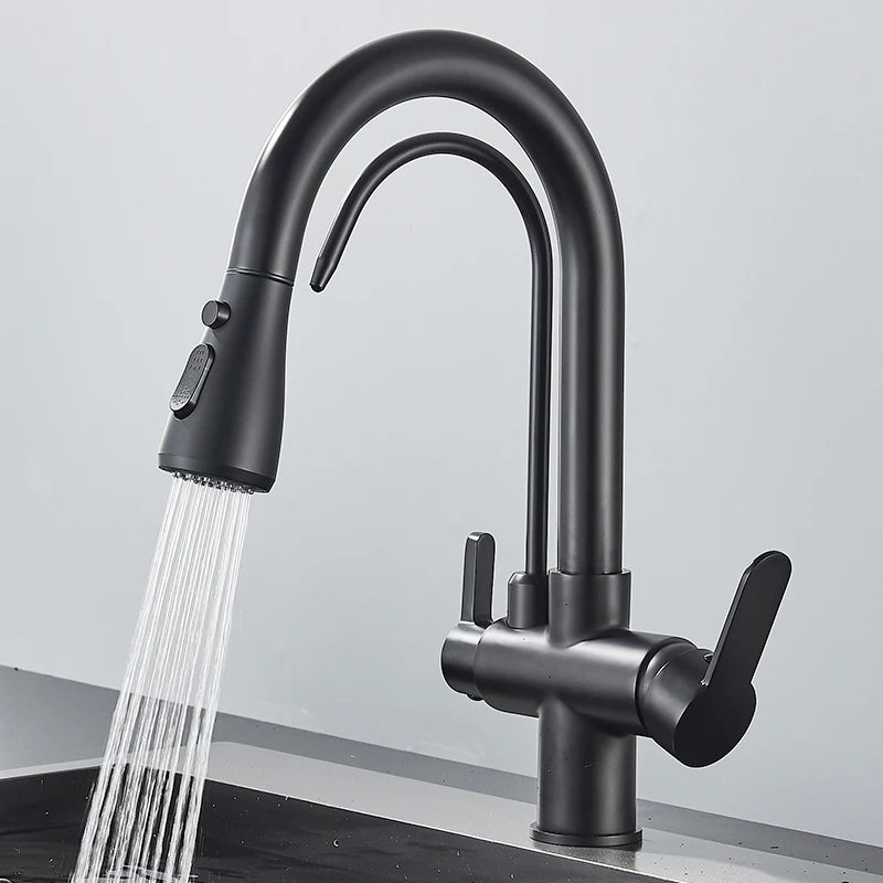 Grifo de cocina con filtro negro extraíble con rotación de 360 grados y grifo mezclador de fregadero de tres vías