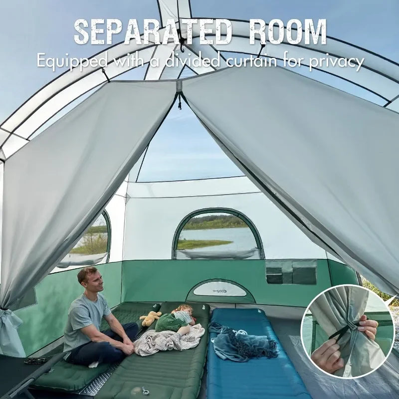 Tienda de campaña para 10 personas con porche, gran tienda de campaña familiar con 2 habitaciones, cortina dividida, para acampar al aire libre, viajar, resistente al agua