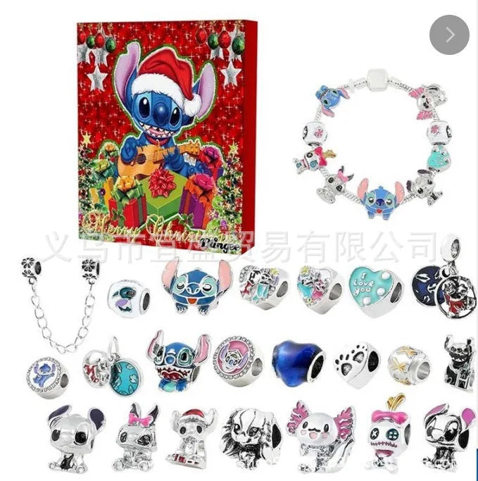 2024 Disney Christmas Angel Comes Jewelry Gift Box Anime Stitch Winnie The Pooh Mickey Kawaii DIY Beaded Bracelet Christmas Gift
