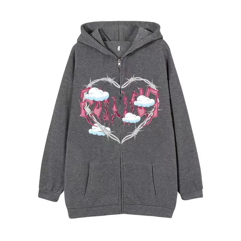 American retro street dark skeleton black fashionable loose zipper hooded sweatshirt for men and women Harajuku casual