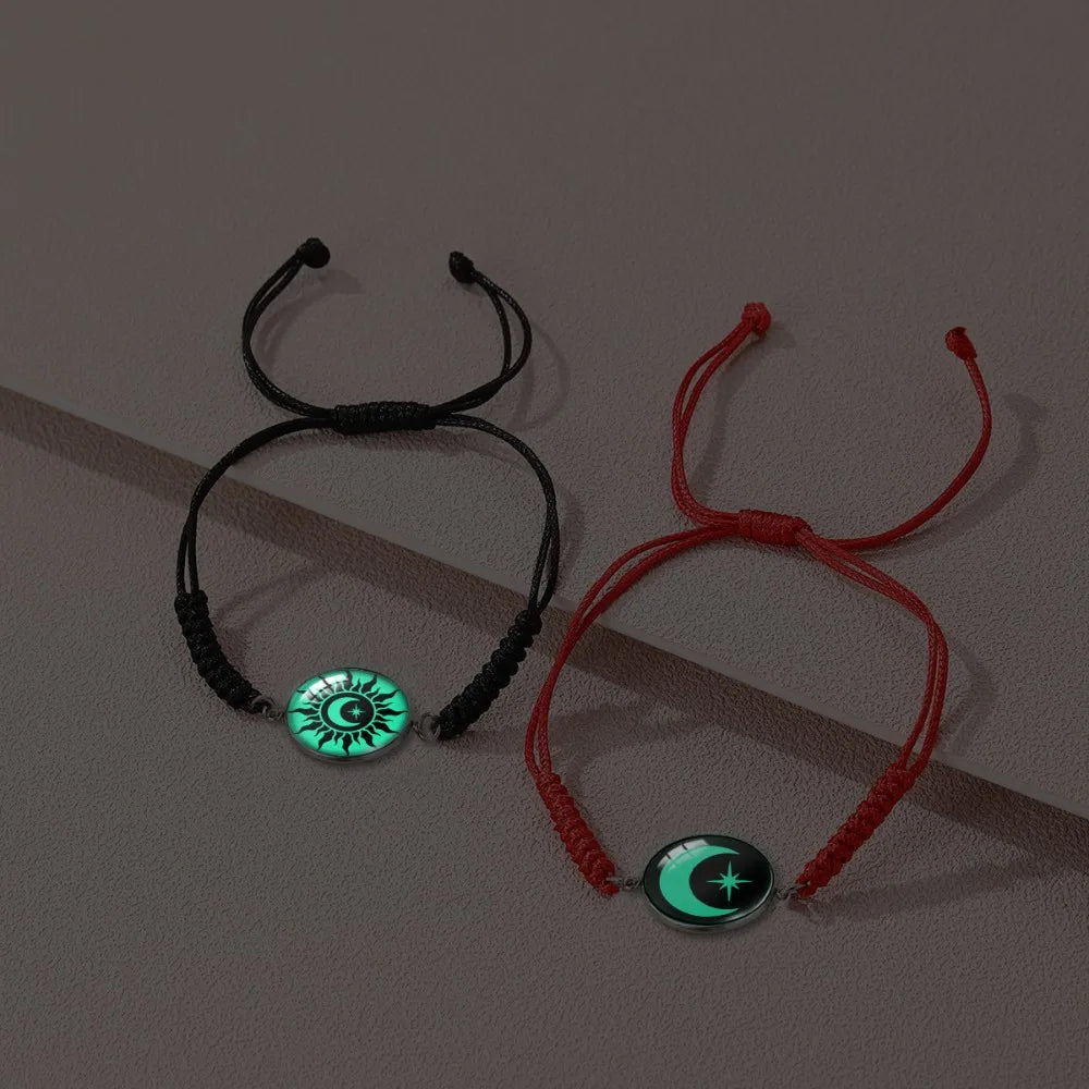 2Pcs Romantic Couple Bracelet Stainless Steel New Sun and Moon Lovers Charm Bracelet Glow in The Dark Adjustable Woven Bracelet