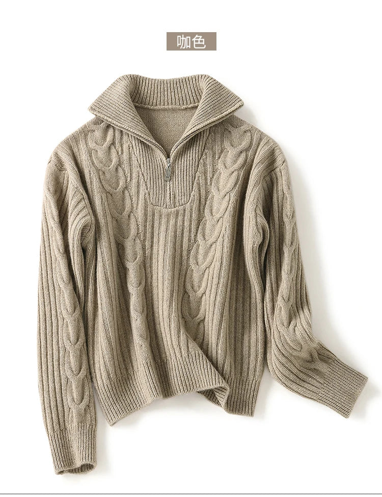 Thick Sweater Women High Quality100% Cashmere Warm Winter Long Sleeve Top Turn-down Collar Zipper Vintage Pullover