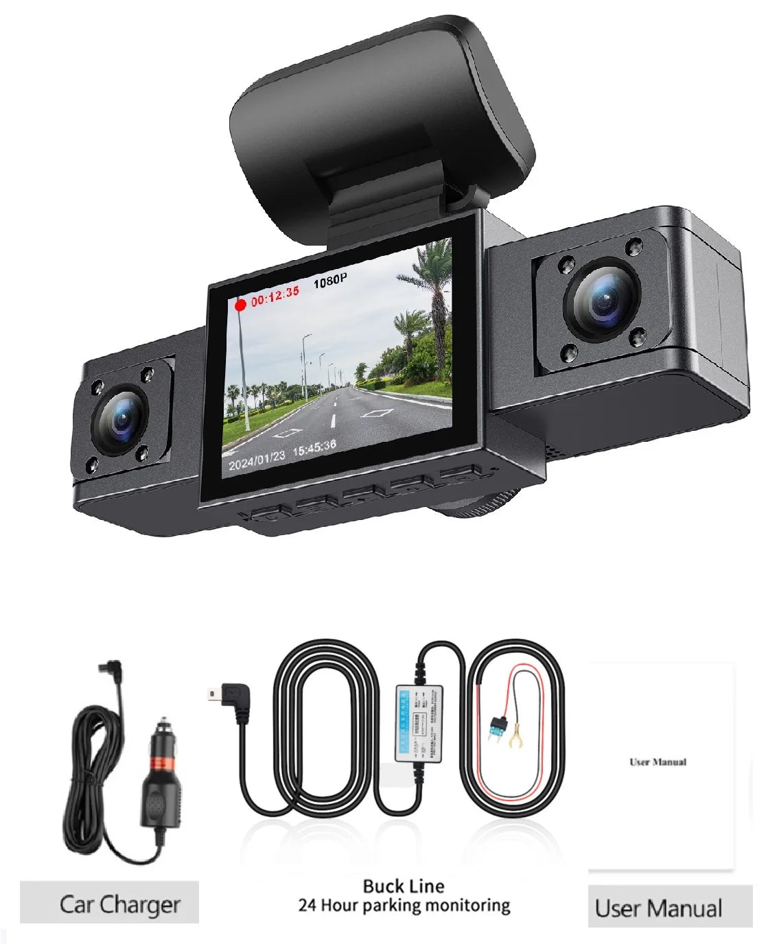 3 Channel Dash Cam Video Recorder Three Lens Car Camera with Rear View DVR 24H Parking Monitor Black Box