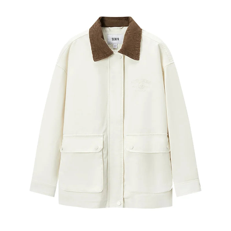 Semir Coat Women Medium Length Color-Blocking Corduroy Collar Retro 2024 New Autumn Embroidery Loose Fashion Jacket