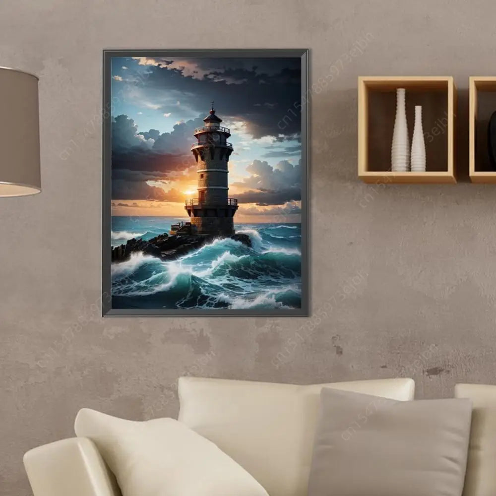 5D DIY Full Round Drill Diamond Painting Seaside Lighthouse Home Decor 30x40cm