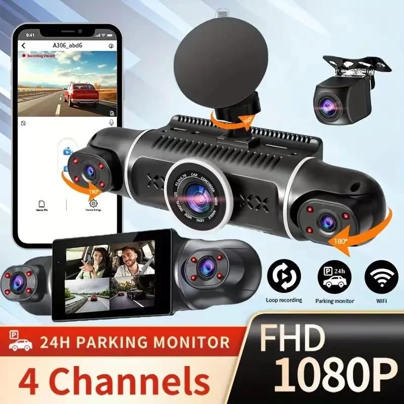 3.39 Inch IPS Screen Four Lens Vehicle DVR Dashboard Video Recorder Camera Black Car Dash Cam Monitor Universal Support 4 Lens