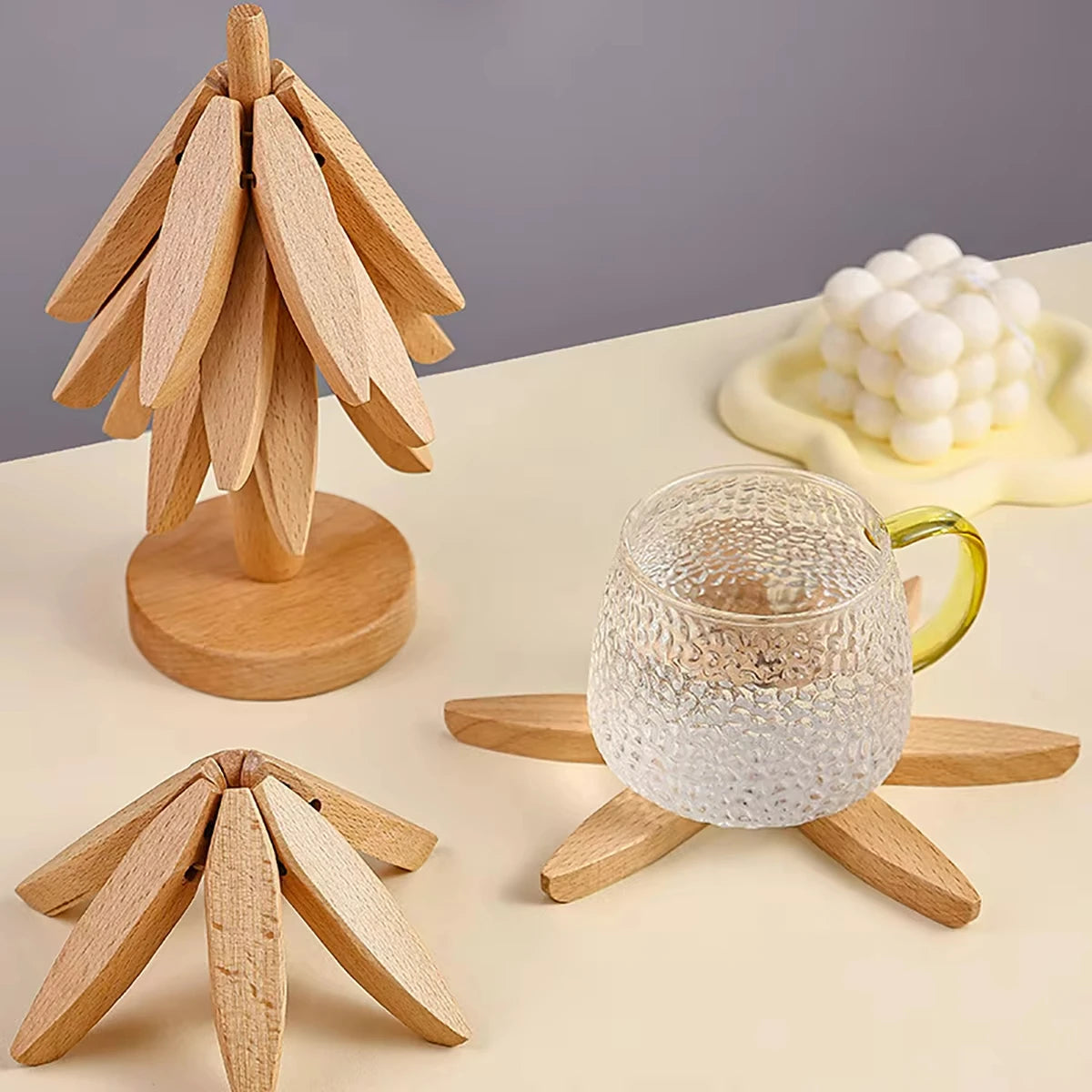 3/4Pcs Walnut Tree Table Mat Set Natural Foldable Wooden Tree Trivet for Hot Dishes Pot Bowl Teapot Holder Placemat
