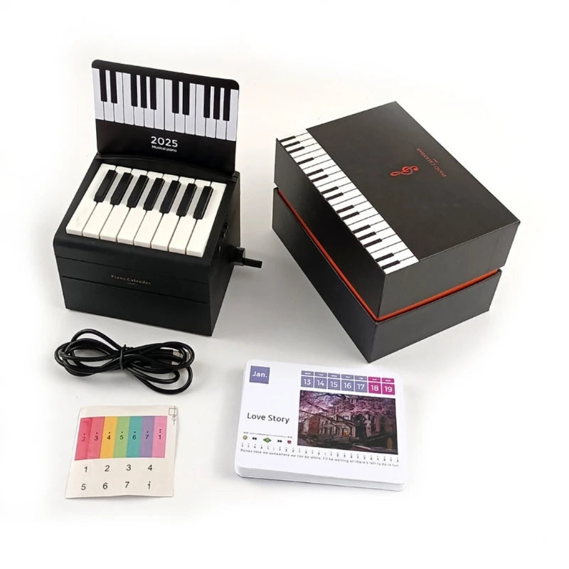 Calendario de escritorio con piano pequeño de 15 teclas para 2025 con letras de canciones y 28 tarjetas de textura plástica, adecuado para familiares y amigos