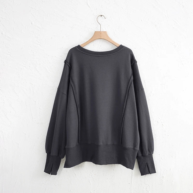 Oversized 100% Cotton Women Sweatshirts Long Sleeve Patchwork Open Side Streetwear Harajuku Pullovers Autumn Clothes For Women