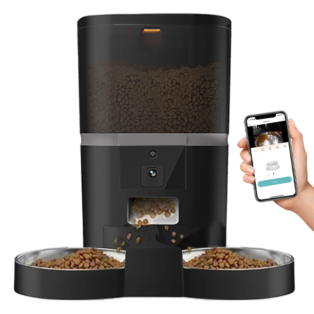 Comedero automático para gatos de 4 l, comedero inteligente para mascotas, dispensador de comida para gatos y perros pequeños con cámara grabadora, temporizador cuantitativo, cuenco doble