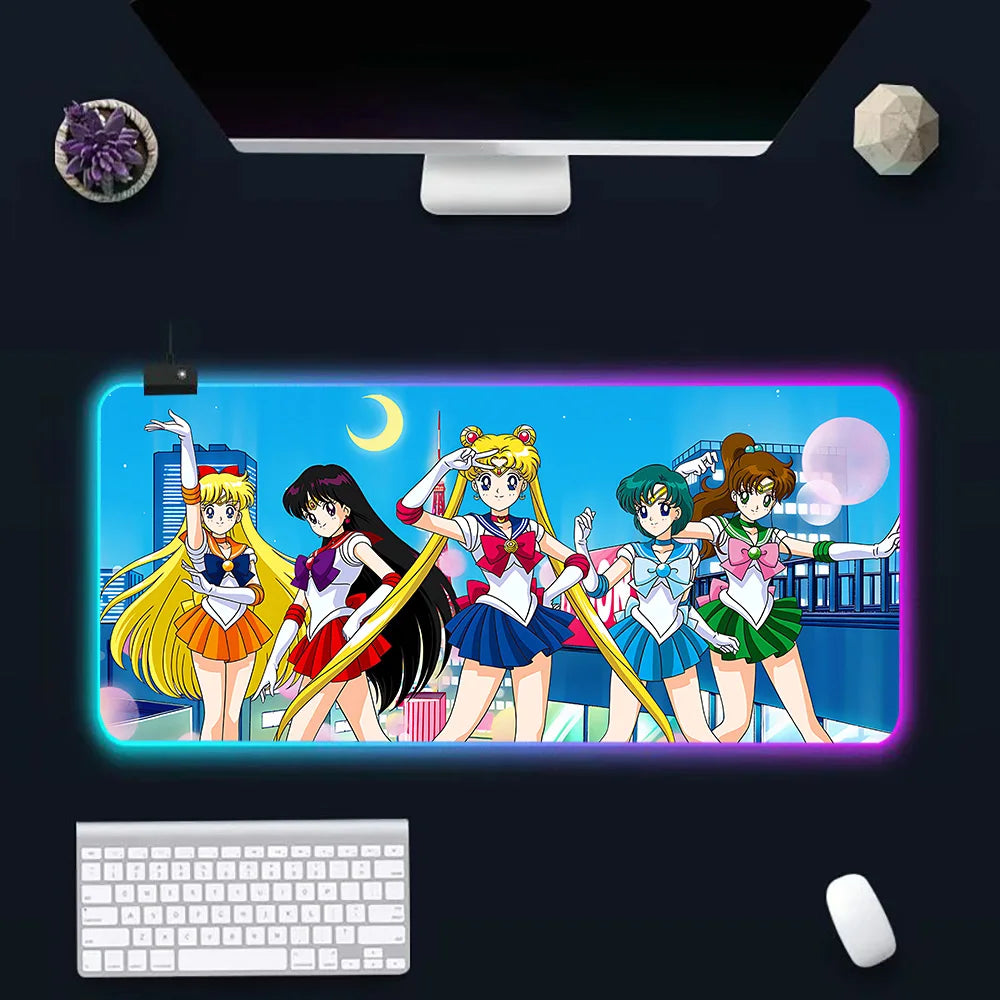 Pink Girl Cartoon Sailors Moons RGB Pc Gamer Keyboard Mouse Pad Mousepad LED Glowing Mouse Mats Rubber Gaming Computer Mausepad
