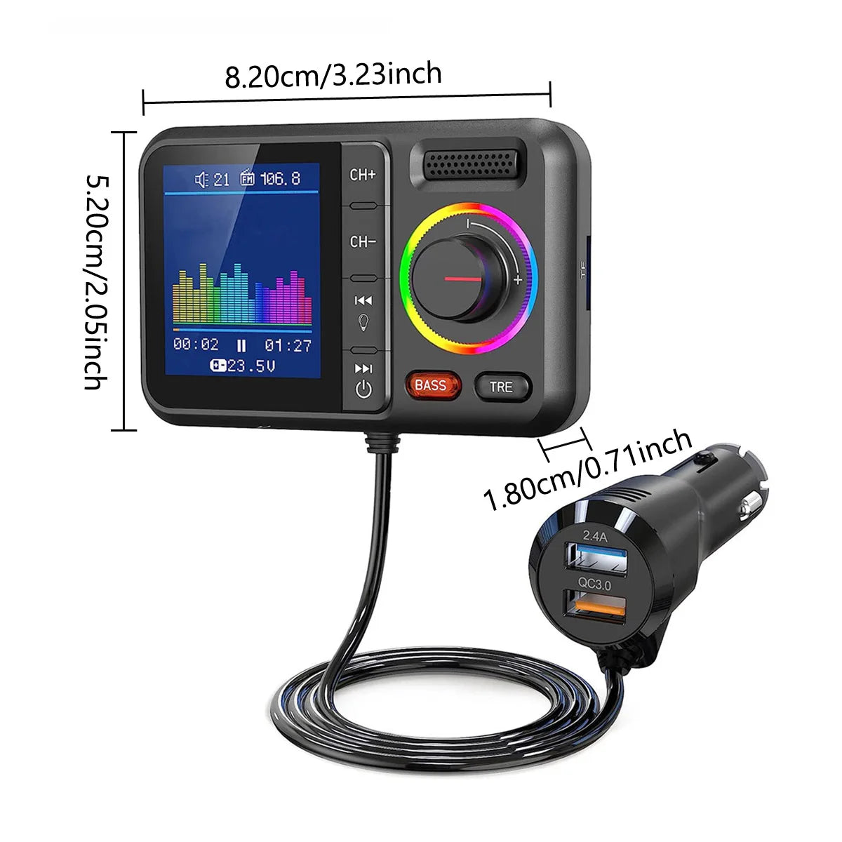 Transmisor FM inalámbrico con pantalla grande a color, 2,4 A, QC3.0, carga rápida USB dual, llamadas manos libres, adaptador auxiliar para automóvil, reproductor de música MP3