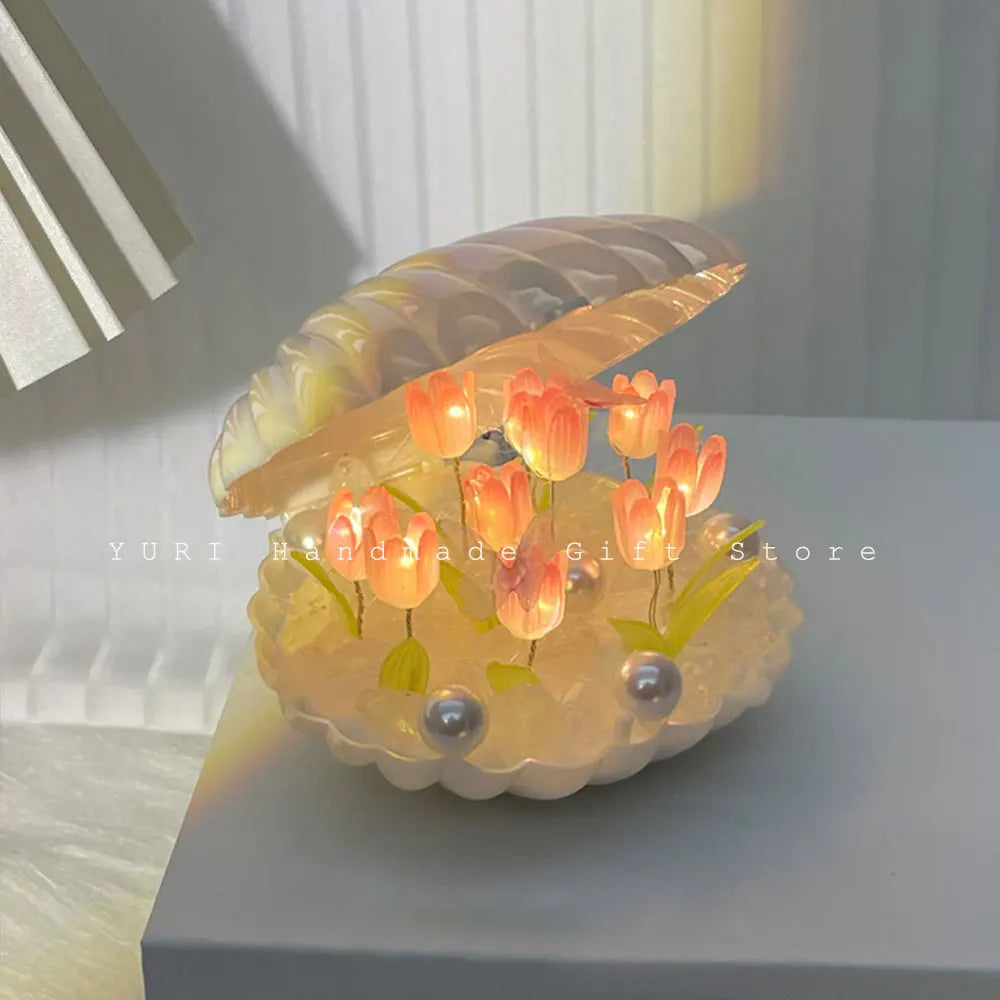 9 Flowers Shell Tulip Night Lamp Handmade Diy Home Decor Bedroom Atmosphere Light Girl Mother Girlfriend Valentine's Day