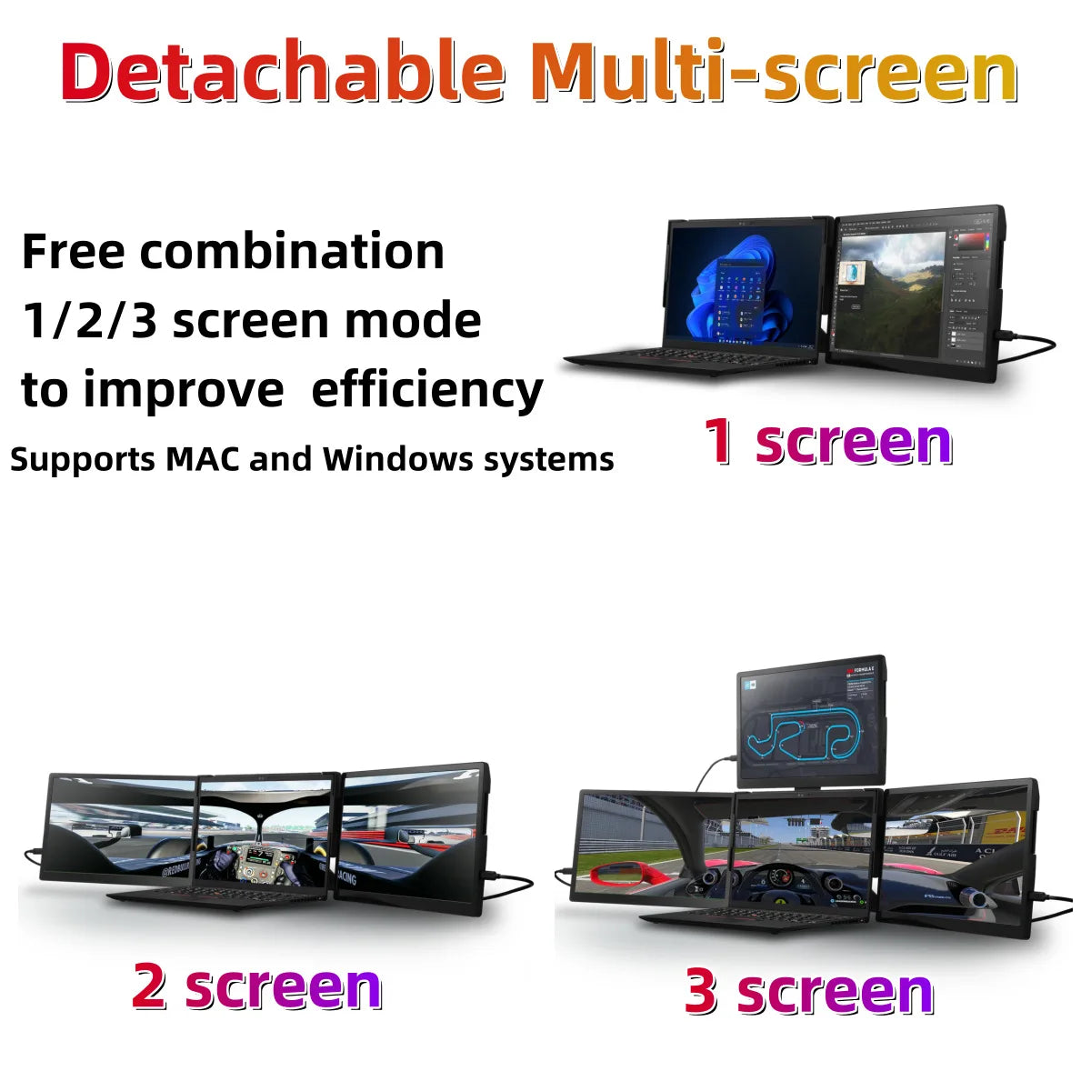 Triple Portable Monitor Triple Laptop Screen Extender Dual 13.3inch 1080P LCD monitors portable Tri screen monitor for laptop