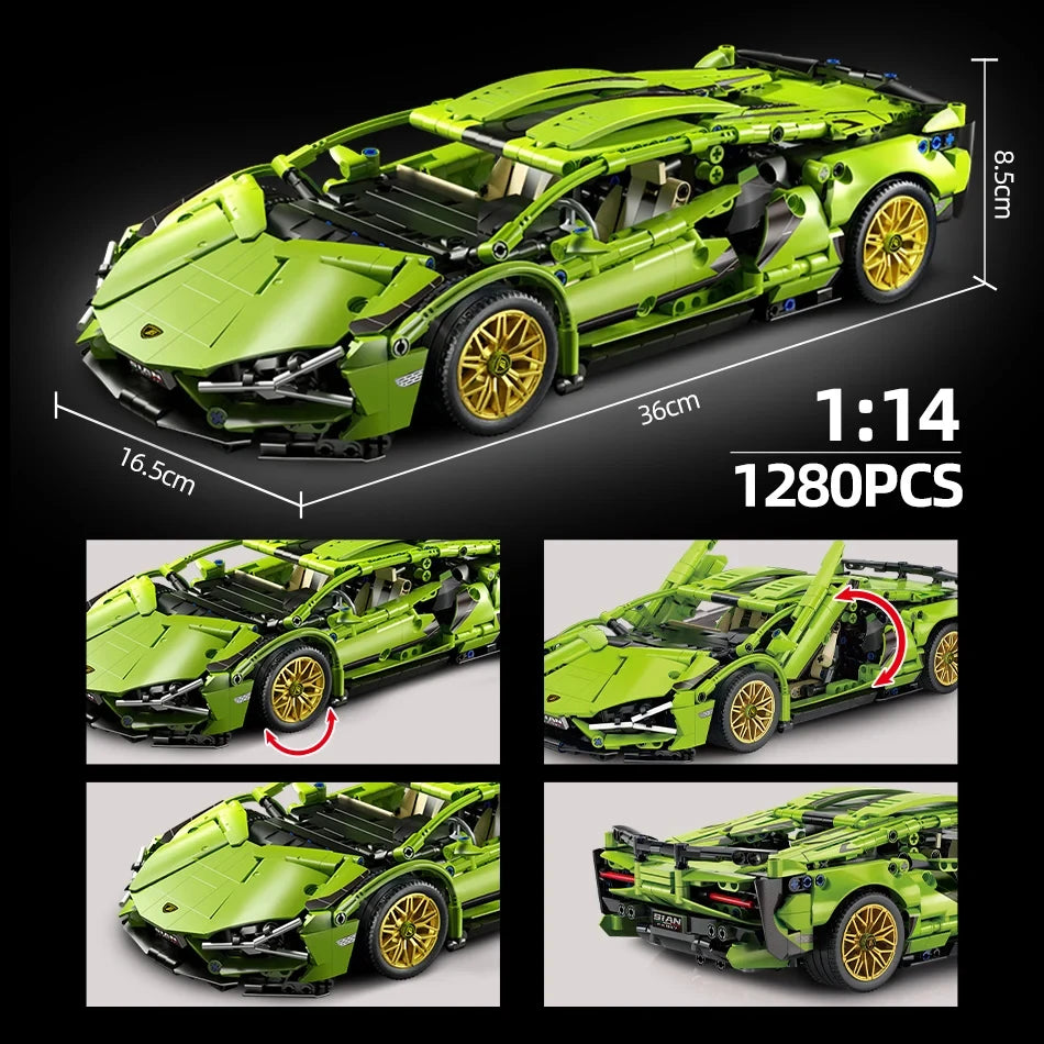 1280 piezas 1:14 bloques de construcción coche MOC ciudad velocidad lujo auto de carreras vehículo con súper corredores ladrillos juguetes para niños regalo.
