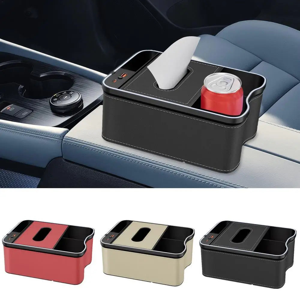 Boîte de rangement pour accoudoir de voiture avec porte-gobelet, boîte à mouchoirs, rechargeable par USB, boîte de rangement pour accoudoir de voiture avec lumière ambiante