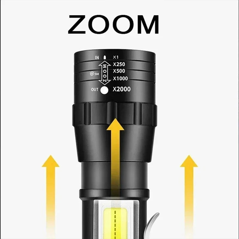 Powerful Mini LED Flashlight Pen Clip Zoom Torch Built in Battery USB Rechargeable Lantern with Side Light Outdoor Camping Lamp