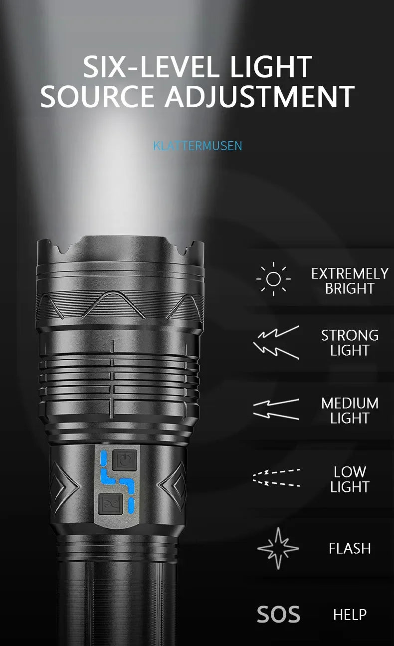 Linterna LED potente GT60 de 100 W, linterna táctica de largo alcance con pantalla de potencia, linterna con zoom recargable por USB para acampar al aire libre