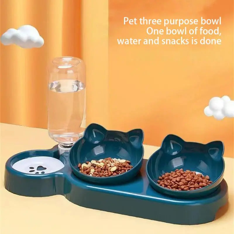 Triple Cat Bowls Pet Feeder, 2-in-1 Double Bowls With Automatic Drinking Bottle, Tilted And Rotatable Design For Cats And Dogs