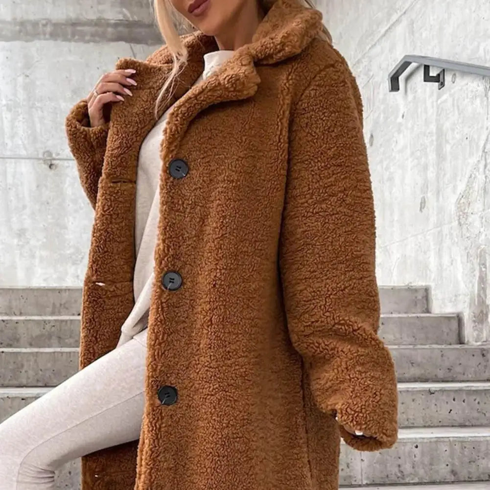 Trendy Women Overcoat Autumn Winter Women Trench Coat Long Style Pure Color Single-breasted Teddy Jacket Windproof