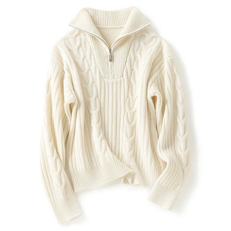 Thick Sweater Women High Quality100% Cashmere Warm Winter Long Sleeve Top Turn-down Collar Zipper Vintage Pullover