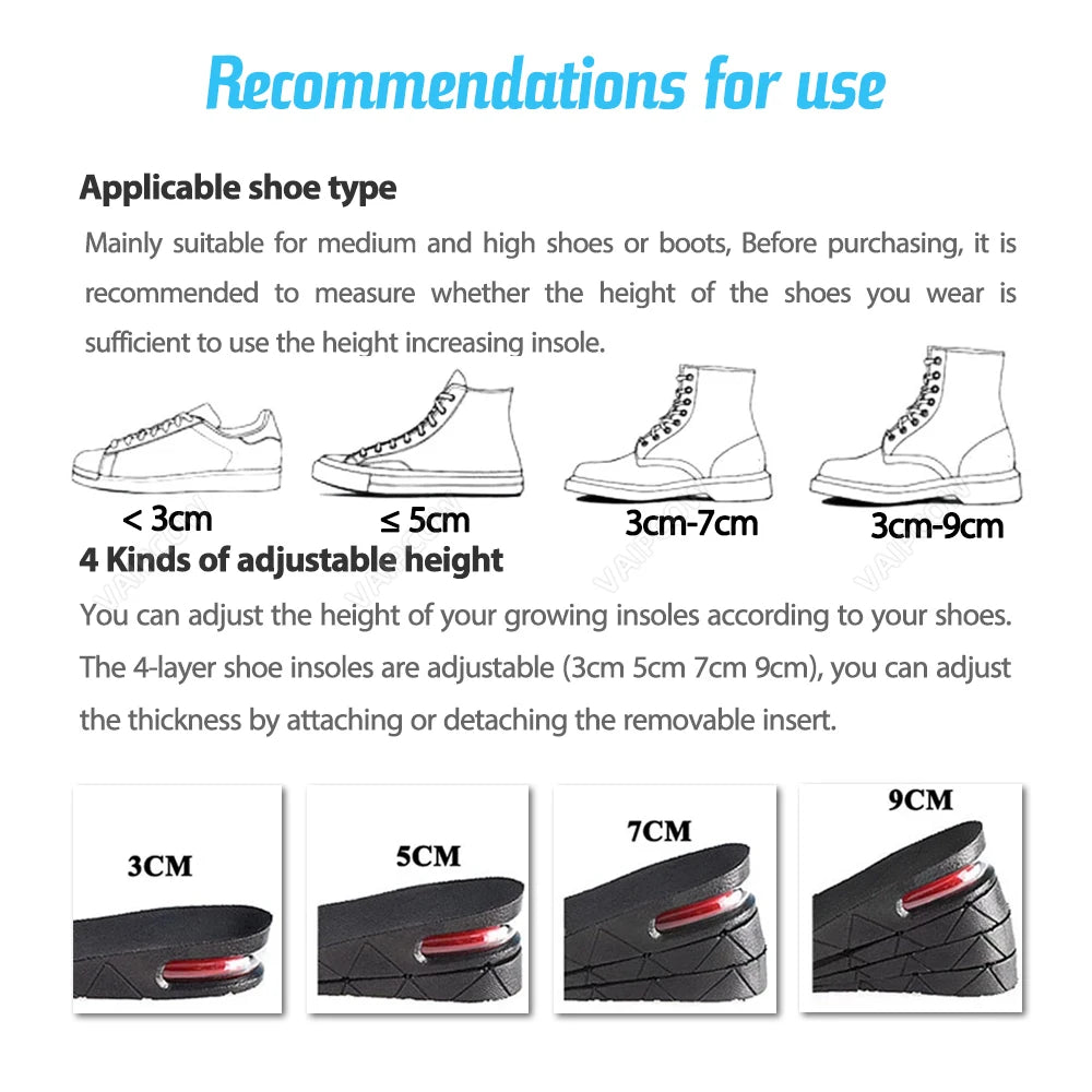 3-9cm Invisible Height Increase Insole Cushion Height Adjustable Shoe Heel insoles Insert Taller Support Absorbant Foot Pad