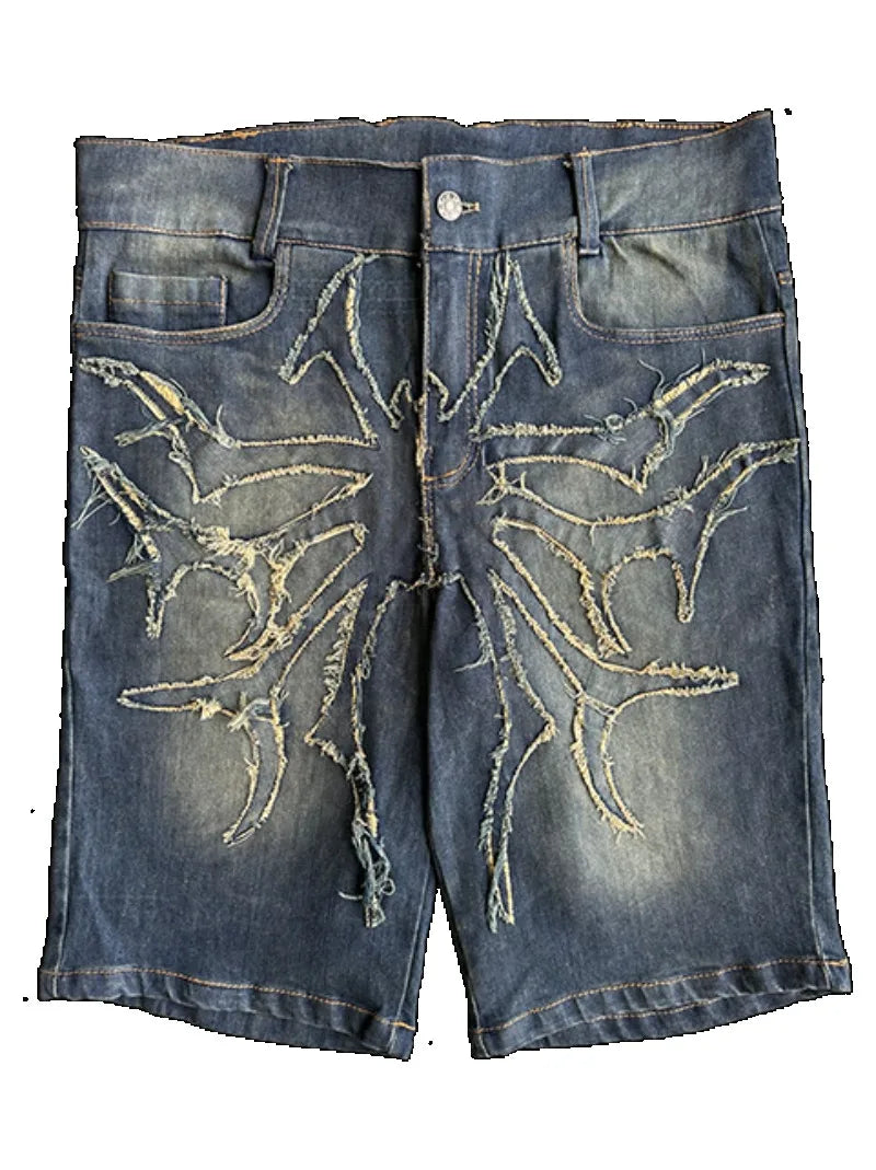 2024 American New Fashion Embroidered Denim Shorts With Oversized Geometric Patterns Women Y2K Harajuku Hip Hop Shorts