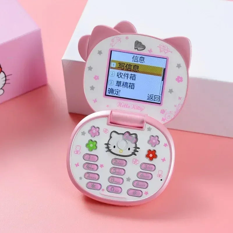 Sanrio Hello Kitty Flip Phone New Cartoon Cute Children White Pink Kawaii Mini Phone Children Birthday Gifts Fashion Model Toys