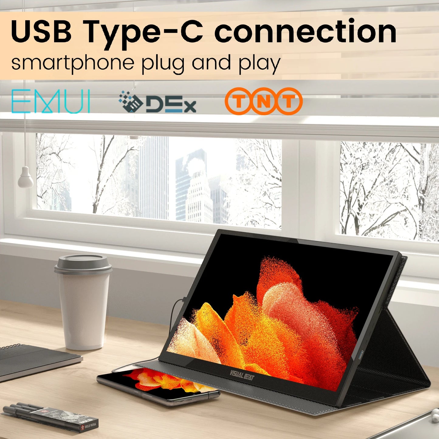 Visual Beat Portable Touch Screen Monitor 17.3'' 1080P FHD IPS USB-C Display with USB 2.0, HDMI, Dual Speakers for Laptop PC