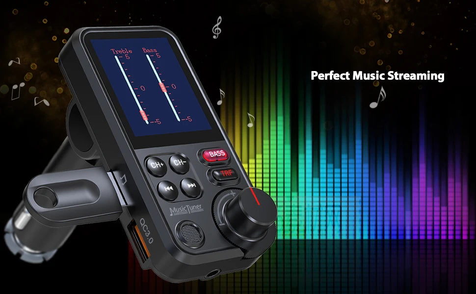 Transmetteur FM Bluetooth sans fil pour voiture de 1,8 pouces, prise en charge auxiliaire, chargement QC3.0, son aigu et grave, lecteur de musique