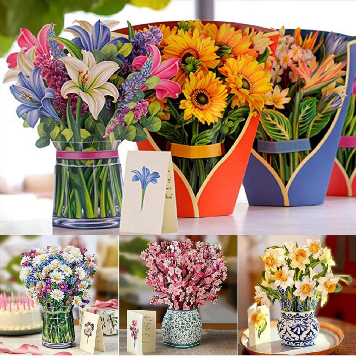 3D Pop Up Flower Greeting Card for Mothers Day Creative Multi-Style Bouquet Birthday Card Thank You Postcard for Birthday Easter