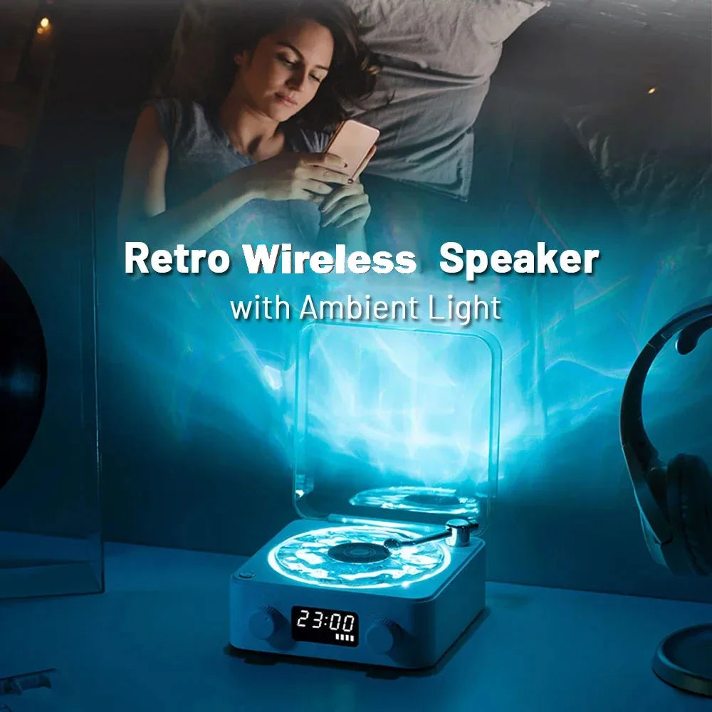 Haut-parleur de platine vinyle rétro avec bruit blanc sans fil Bluetooth, lecteur de disques vinyles, son stéréo, effet de lampe de projection RVB