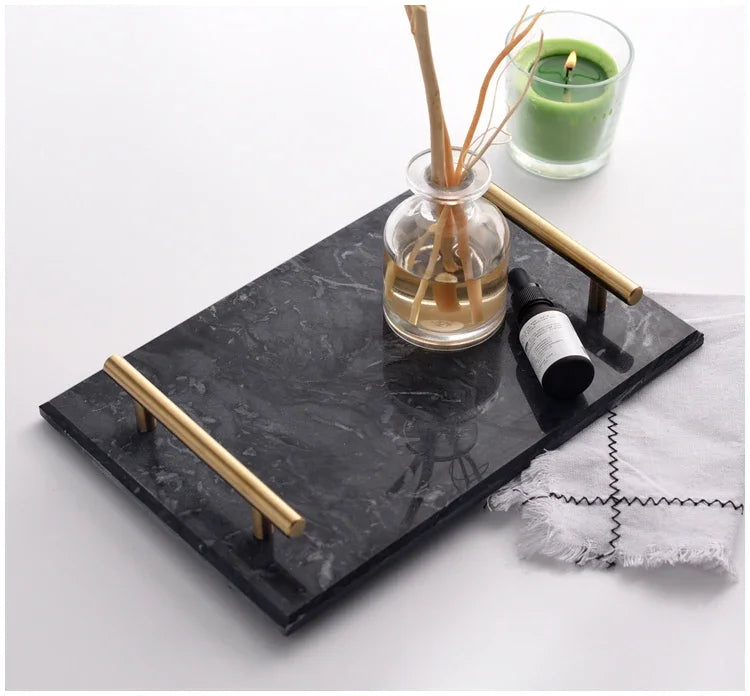 Nordic Home Decor Light Luxury Natural Marble Jewelry Storage Tray with Gold Handle Trinket Ring Plate Wedding Gift