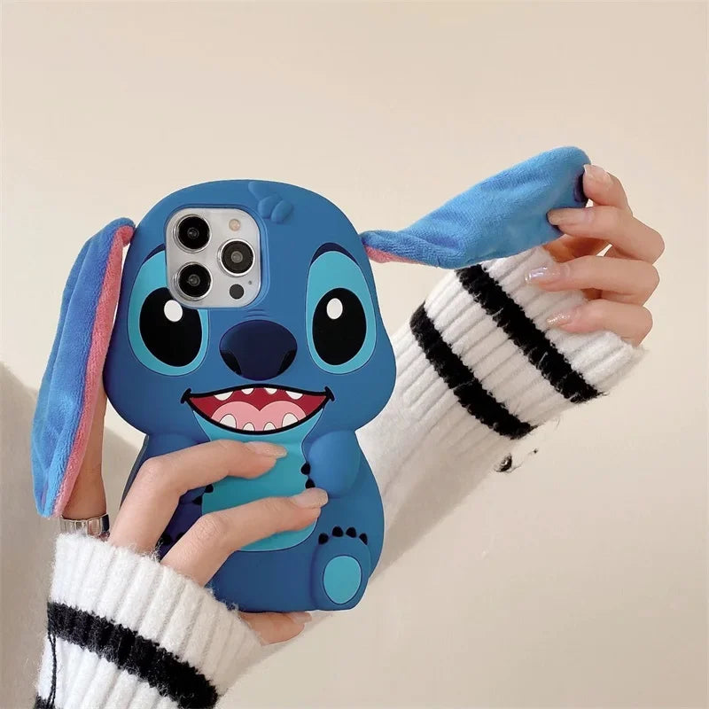 Stitch 3D Silicone Cartoon Phone Case for IPhone 14 13 12 11 15 Pro Max Fluffy Fur Plush Ear Sleeves Gift for Girls and Boys