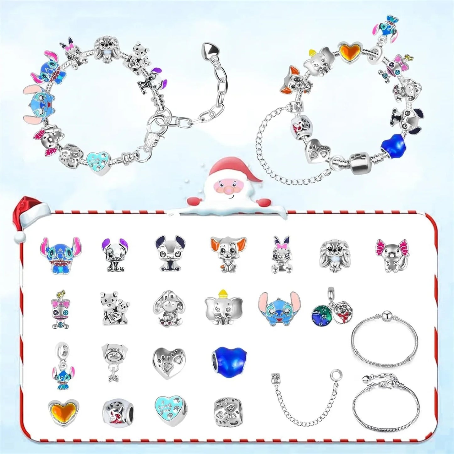 2024 Disney Christmas Angel Comes Jewelry Gift Box Anime Stitch Winnie The Pooh Mickey Kawaii DIY Beaded Bracelet Christmas Gift