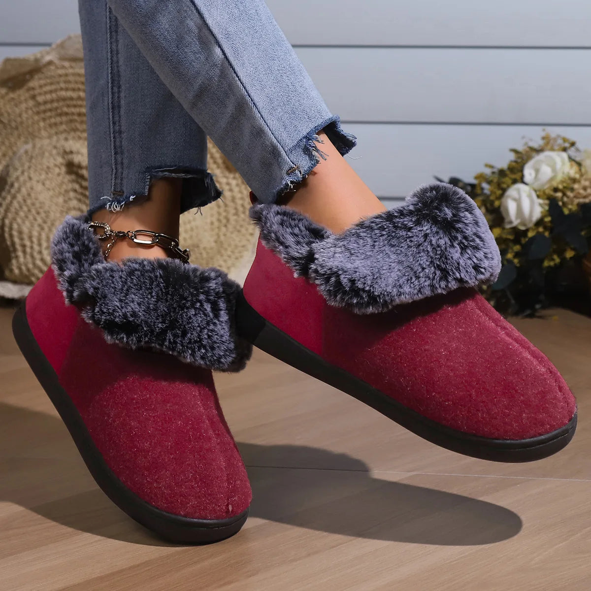 Bebealy Winter Plush Fur Women Slippers Fluffy Home Slippers Female Indoor Warm Closed Soft Non-slip High Ankle Fuzzy Slippers