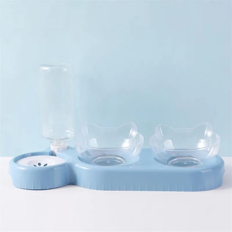Triple Cat Bowls Pet Feeder, 2-in-1 Double Bowls with Automatic Drinking Bottle, Tilted and Rotatable Design for Cats and Dogs