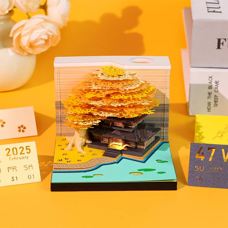 Tree Desk Calendar With LED Lights 2025 Calendar Memo Pad Creative Desk Calendar DIY Notes Notepad 3D Art Calendar Paper Carving