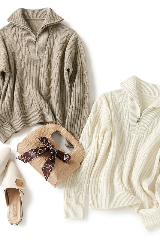 Thick Sweater Women High Quality100% Cashmere Warm Winter Long Sleeve Top Turn-down Collar Zipper Vintage Pullover