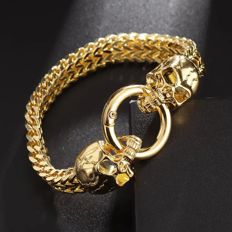 Stainless Steel Nordic Double Wolf Head Bracelet Men\\\'s Retro Punk Mesh Chain Animal Bracelet Hip Hop Rock Trend Jewelry