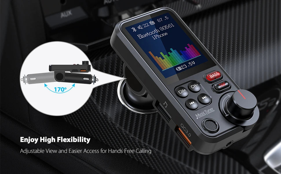 Transmetteur FM Bluetooth sans fil pour voiture de 1,8 pouces, prise en charge auxiliaire, chargement QC3.0, son aigu et grave, lecteur de musique