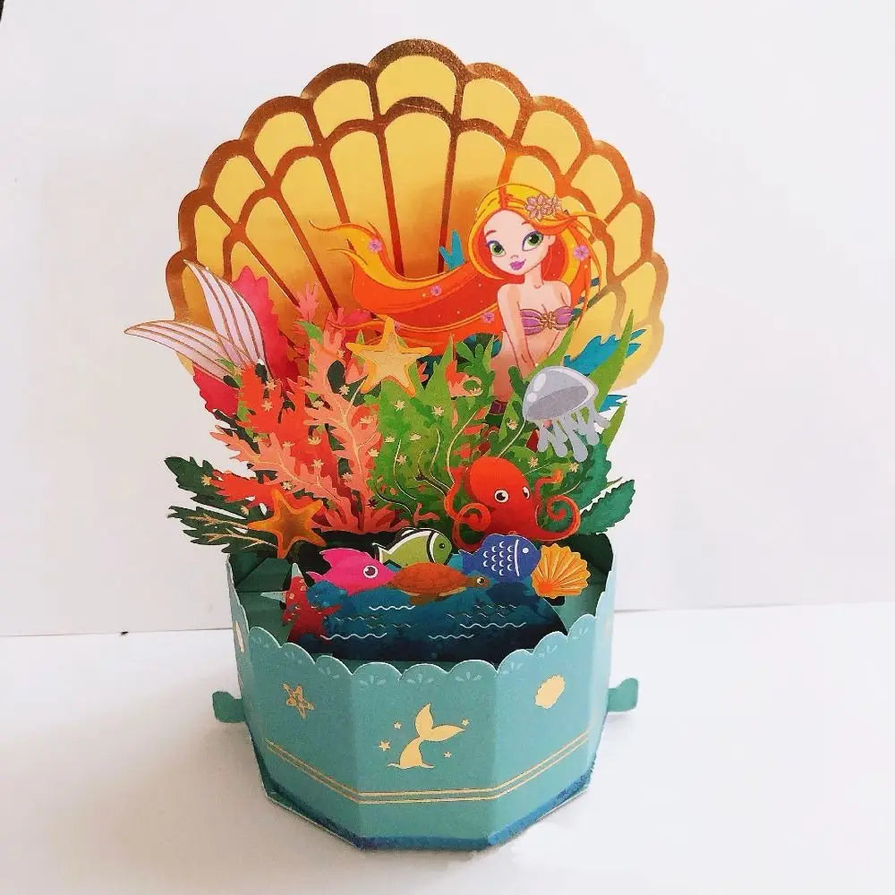 3D Pop Up Greeting Cards Merry Christmas Cards New Year Greeting Cards Birthday Blessing Postcard Swan Mermaid Thank You Cards